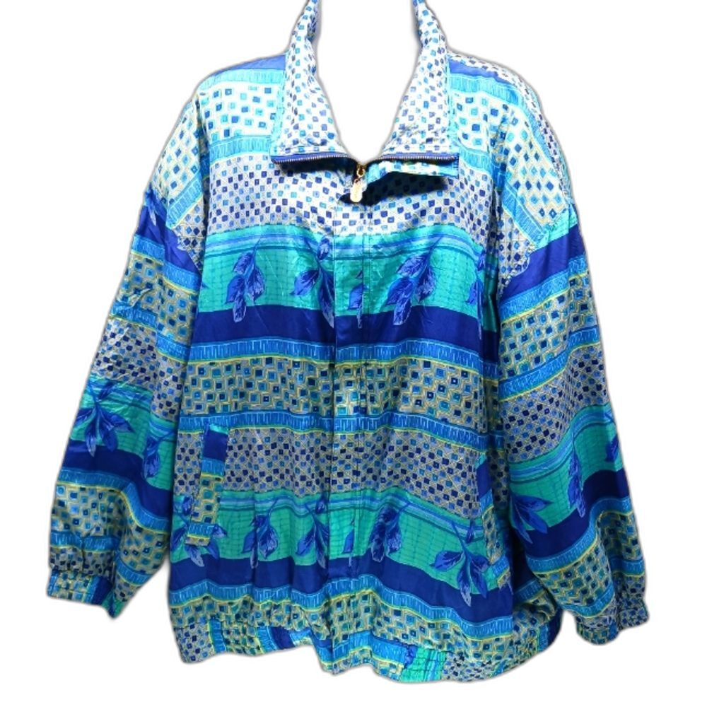 Fuda International Geo- Floral Silk Bomber/ Jacket. Women's 3X. Blue/ Green